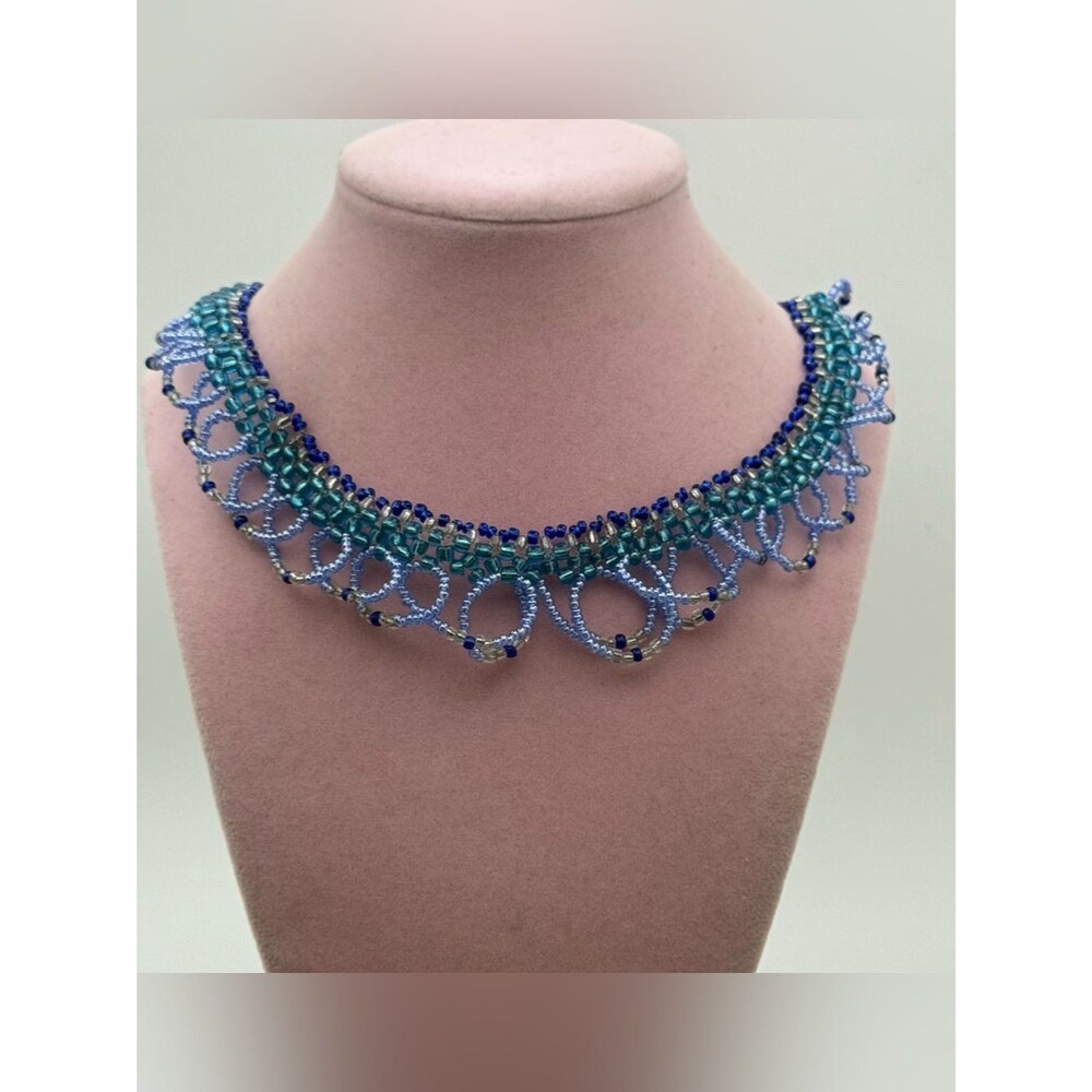 Handcrafted Blue & Teal Beaded Fringe Necklace